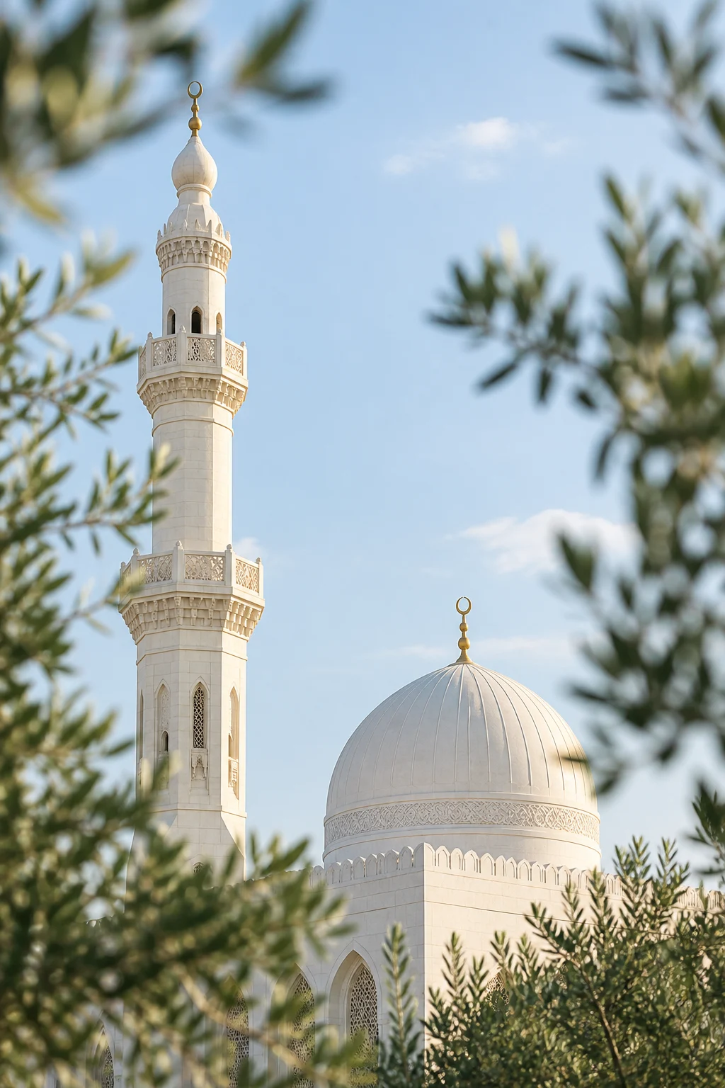 A white mosque framed by trees in soft daylight